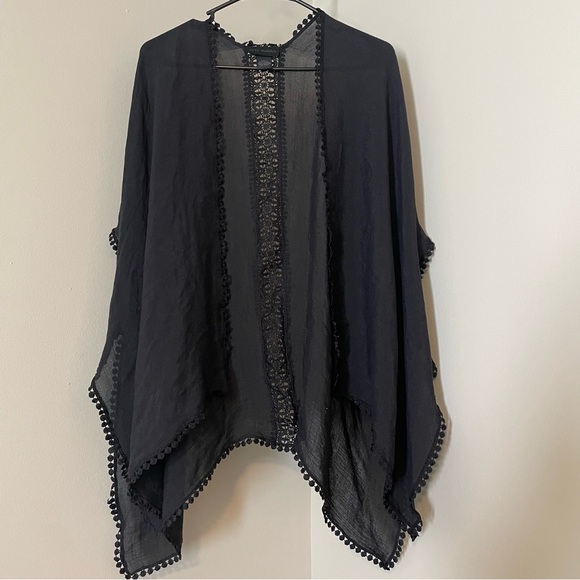 Steve Madden Black Sheer Kimono/Swim cover up with Pom Pom Trim - Picture 1 of 5